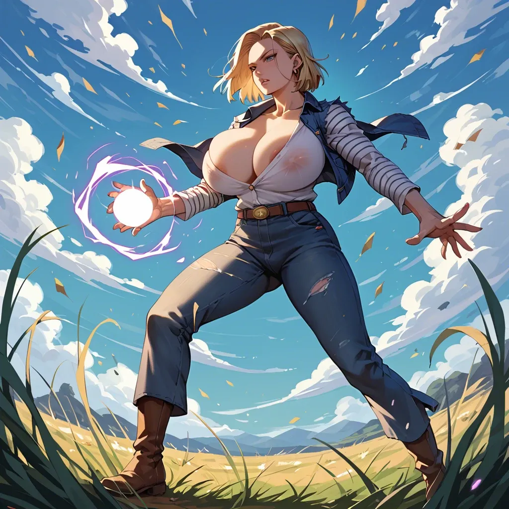 Android18,gigantic breast,stands in a field of floating energy,she holds a glowing orb that pulses with energy power.