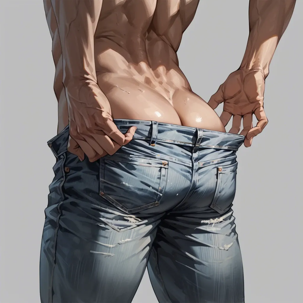 1 boy, taking off his jeans, stand with back, jeans, detailed, grey background