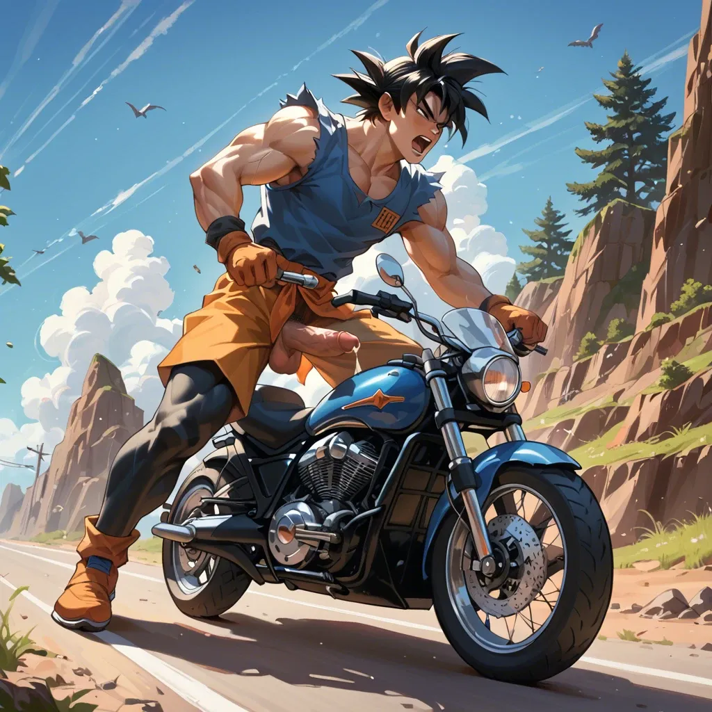 Male Goku on a roaring motorcycle