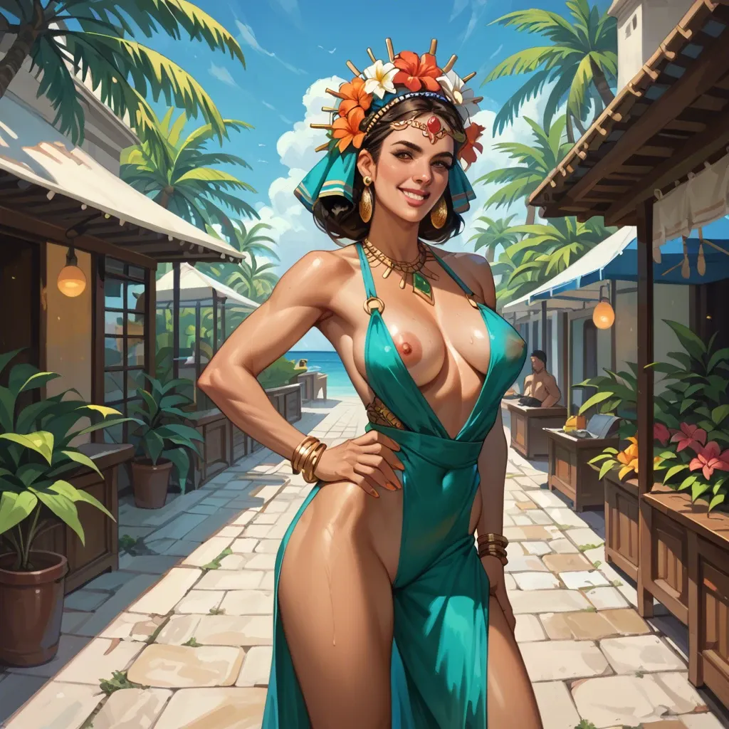 A vibrant Cuban-American woman with a headdress of tropical flowers and a dress made of emerald silk dances salsa in a Havana street. Her earrings are golden suns, and her smile is as warm as the Caribbean sun.