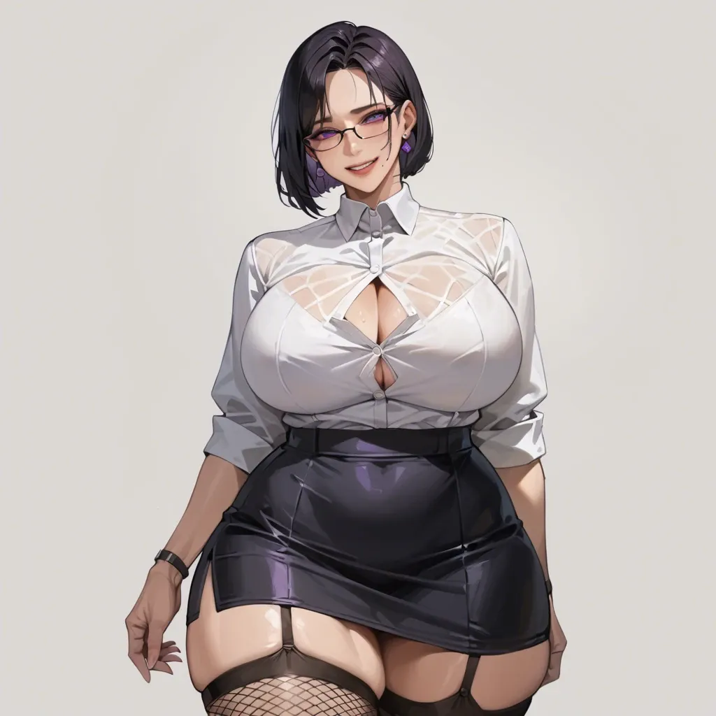 Korean milf, black hair, bob cut, purple eyes, wearing glasses, purple earrings, massive breasts, massive hips, large hips, white shirt, black skirt, black garter belt, fishnet stockings,  smiling, standing,