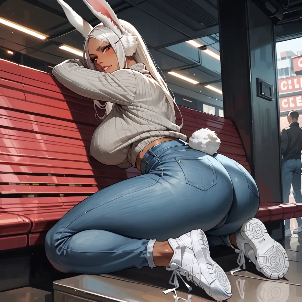 rumi usagiyama, jeans, white sneakers, grey sweater, curvy body, large ass, large breasts, cinema