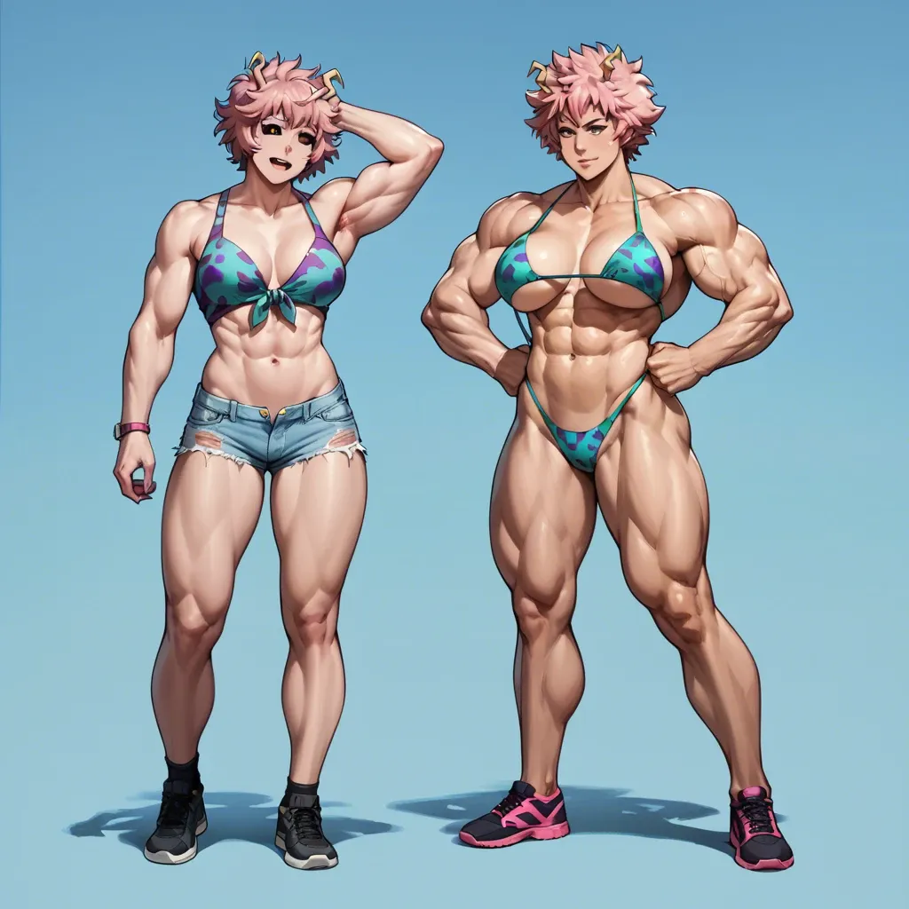 Mina Ashido, 2girls, abs, biceps, casual, extreme muscular, sexy pose, full body