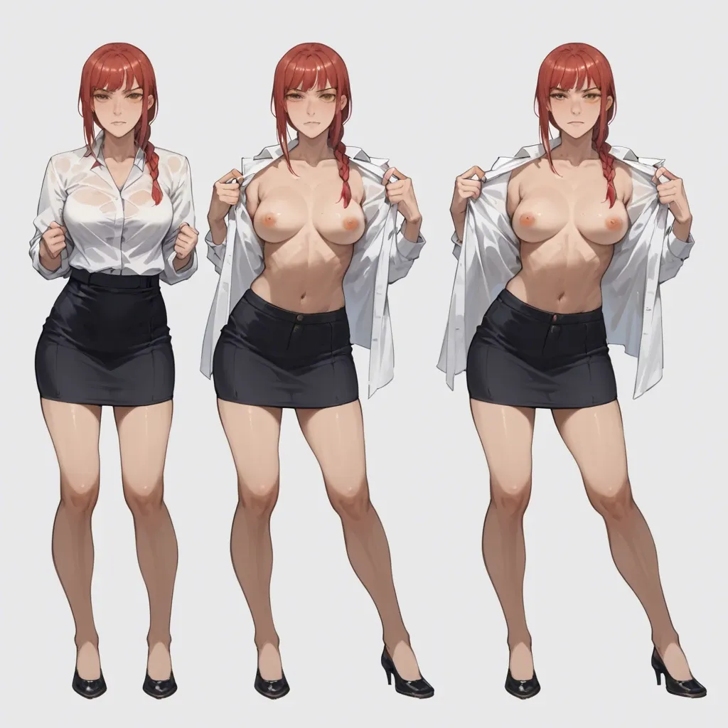 makima, office clothing  , Undressing sequence, teenage, 4 frames, fully dressed to fully naked :1.3, NSFW, full body photo