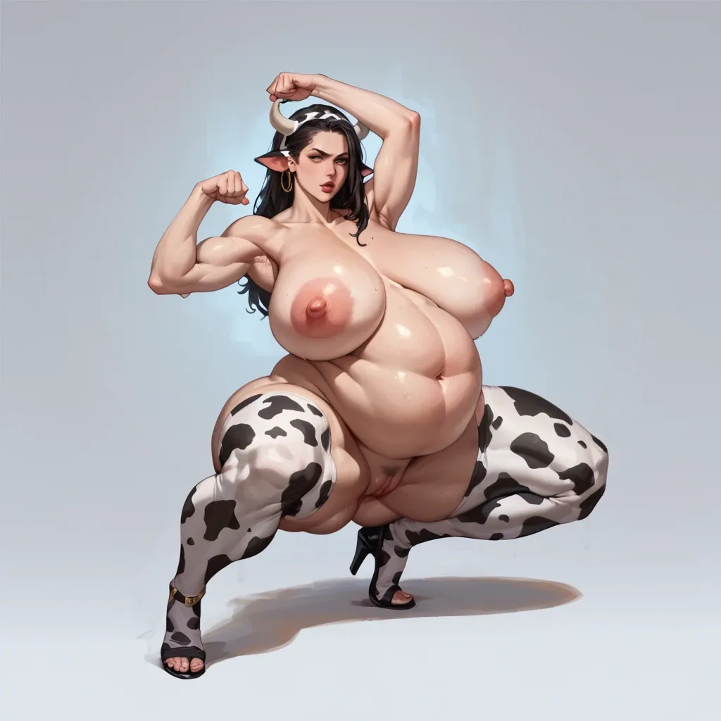 full body, t-pose , nude , big belly, tall girl cow, gigantic tits, massive ass, thick thighs, cow human girl , sexy ,thick