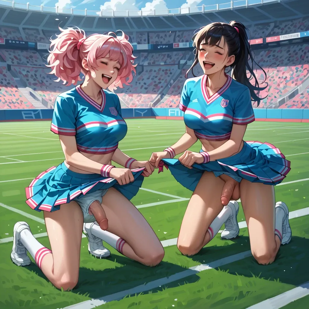 2girls, cute, anime,  futanari, pastel pink and blue, cheerleader, football field, thick diaper under skirt, laughing, diaper pulled down, flaccid cock and balls