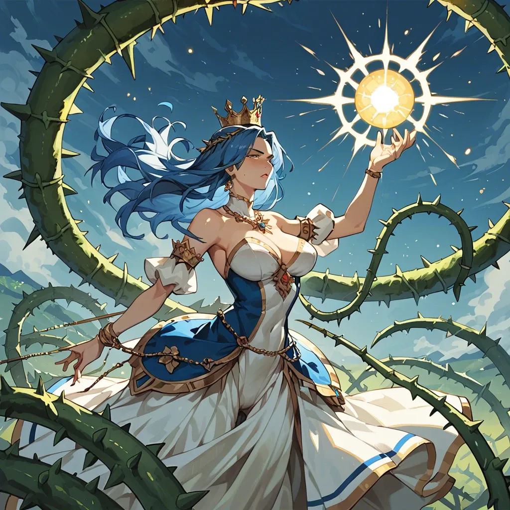 A mysterious woman with sapphire eyes and a crown of thorns stands in a field of floating lanterns. Her dress is woven from shadows and stardust, and she holds a glowing orb that pulses with ancient power.