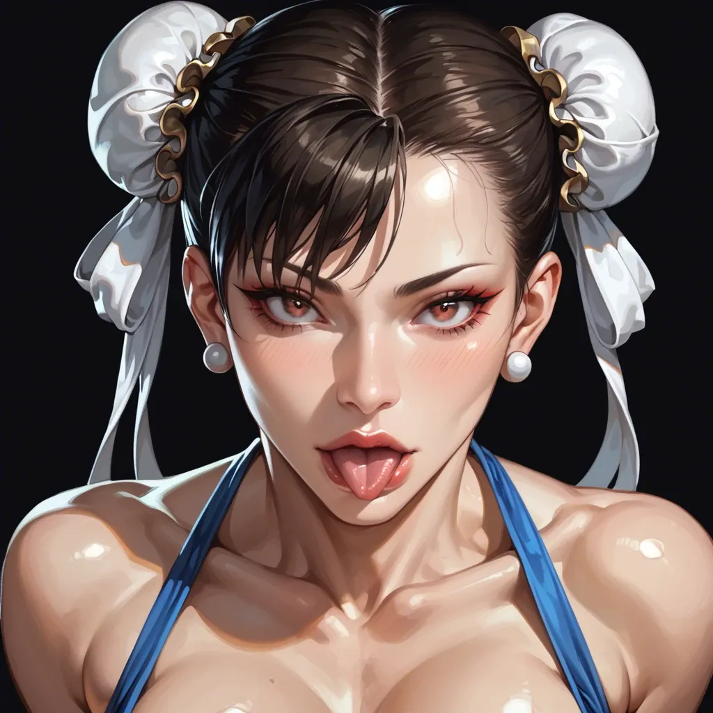 1 girl, Chun Li, make up, face close up, show breast, tongue out, puckering lips, puckering motion, seductive face, brilliant eyes, detailed face, black background, do not show hands, High definition