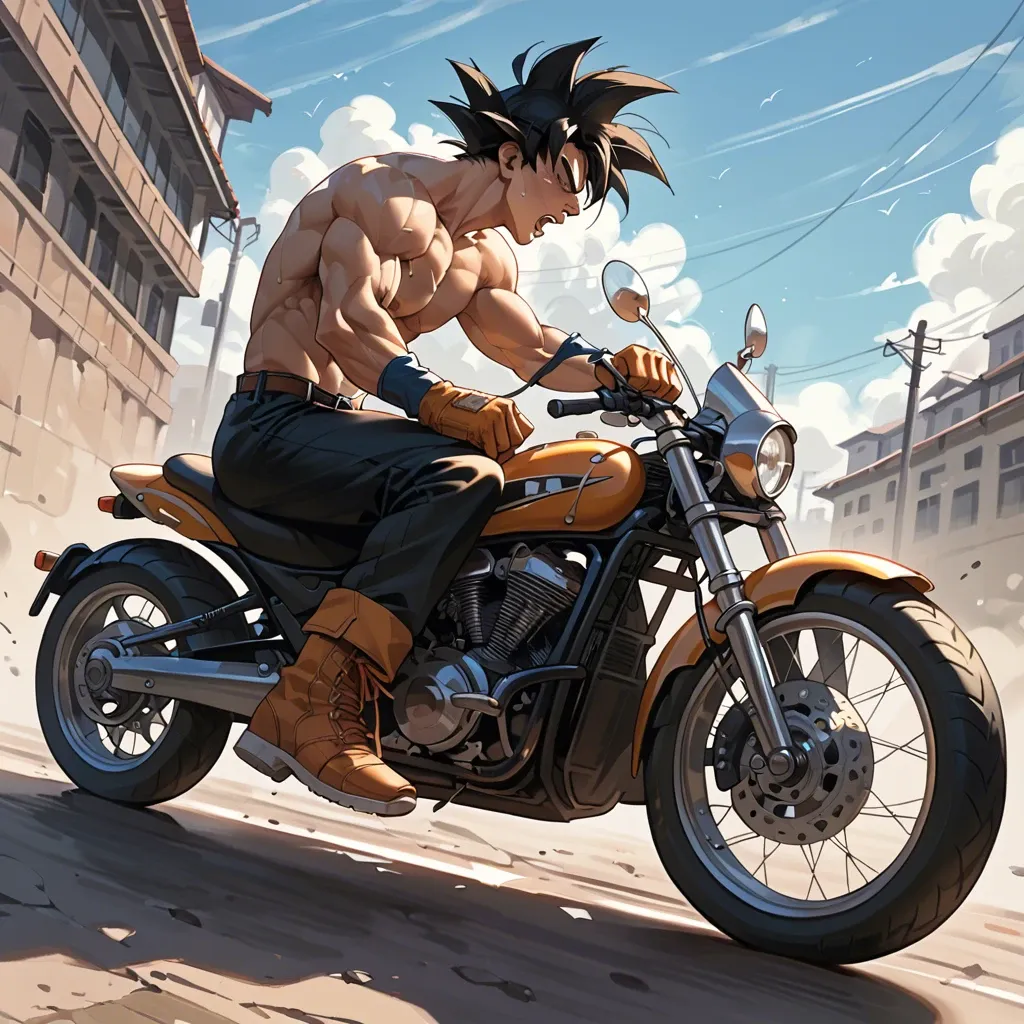 Male Goku on a roaring motorcycle