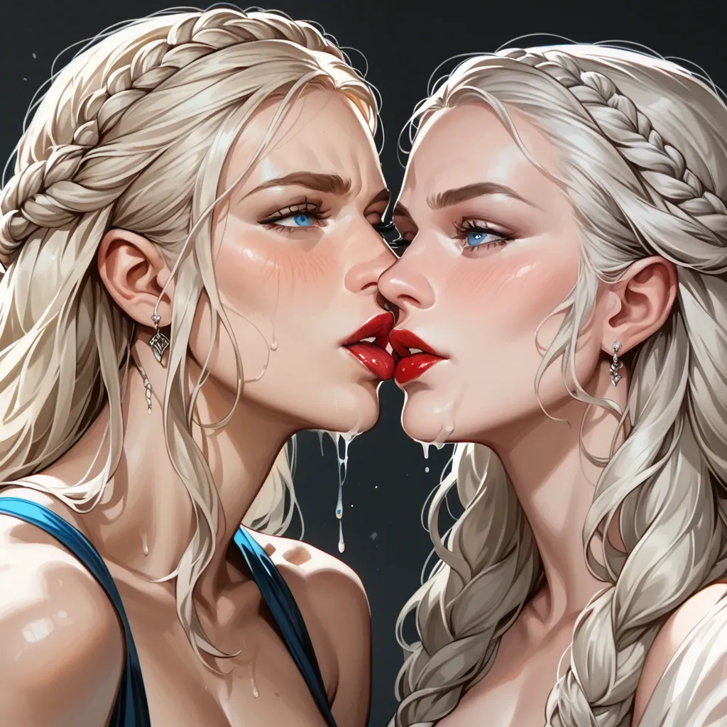 Daenerys Targaryen, cute, red lips, big blue eyes, platinum white hairs, posing, dripping pussy, girl and guy, kissing