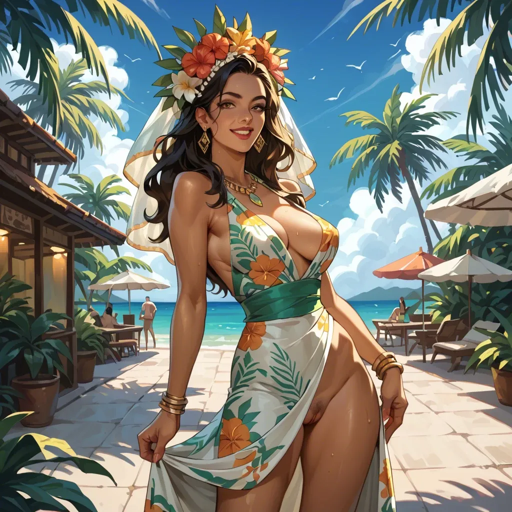 A vibrant Cuban-American woman with a headdress of tropical flowers and a dress made of emerald silk dances salsa in a Havana street. Her earrings are golden suns, and her smile is as warm as the Caribbean sun.