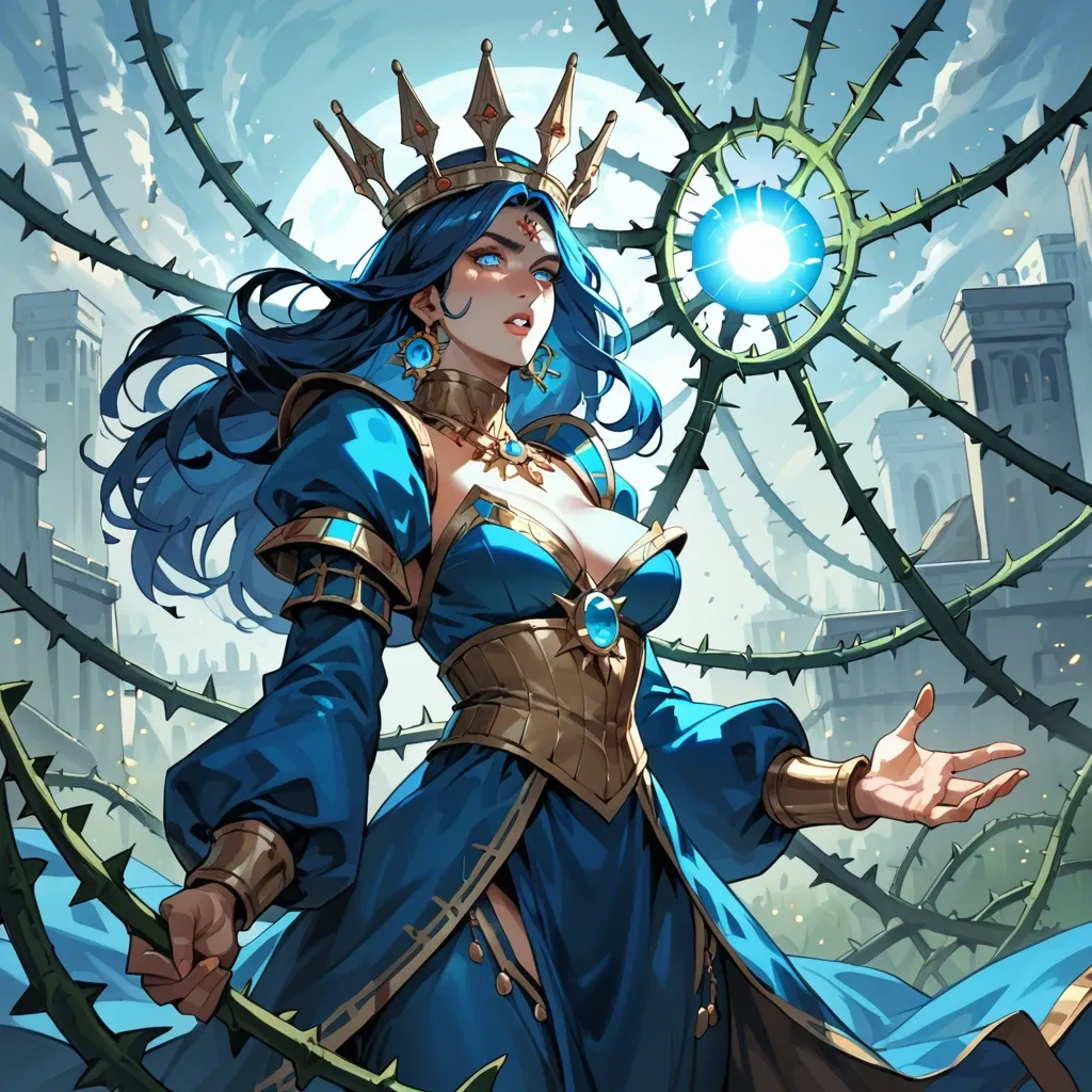 A mysterious woman with sapphire eyes and a crown of thorns stands in a field of floating lanterns. Her dress is woven from shadows and stardust, and she holds a glowing orb that pulses with ancient power.