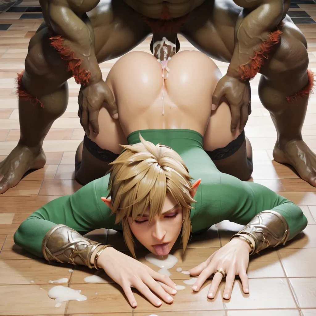 1boy 1femboy,3d,link,ganondorf, licking off the floor,floor lick,cum floor,face down adorable male Girly male green lace-trimmed legs wear thighhighs,high-angle close-up,ass up,  anal penetration anal sex front view rubberized eyes rolling back