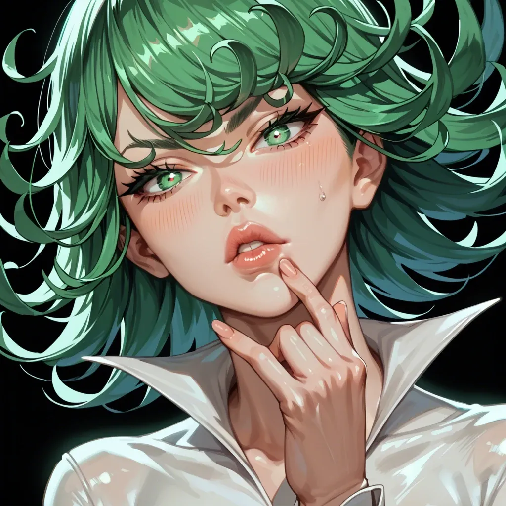 1 girl, Tatsumaki, face close up, puckering lips, puckering motion, seductive face, brilliant eyes, tight clothes, detailed face, black background, do not show hands, High definition