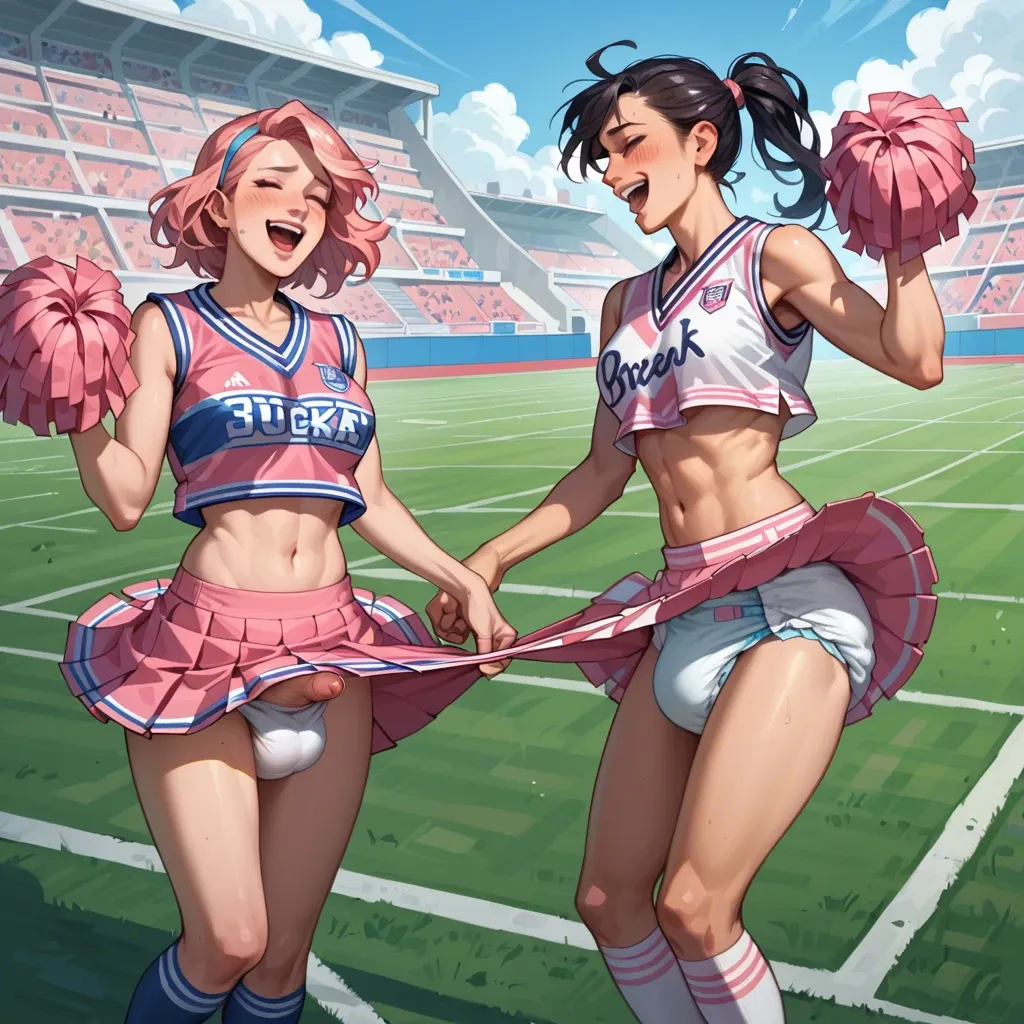 2girls, cute, anime,  futanari, pastel pink and blue, cheerleader, football field, thick diaper under skirt, laughing, diaper pulled down, flaccid cock and balls: 1boy, diaper under skirt