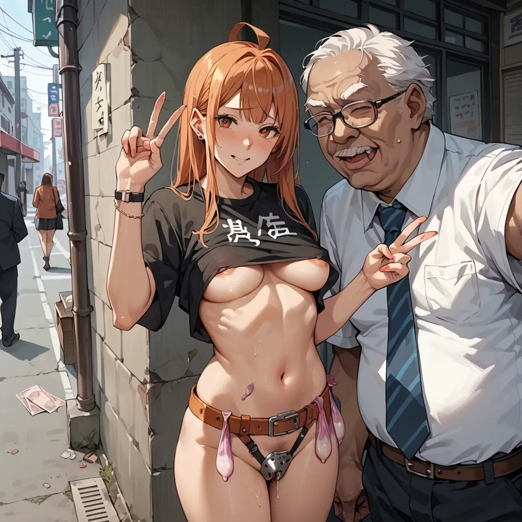 Sakura Kinomoto, anime, prostitute slut,  prostituting herself,  taking a selfie, underboob, chastity belt, pubic hair, used condoms in her belt, with old man touching her boobs, love and peace, in an hotel entrance,