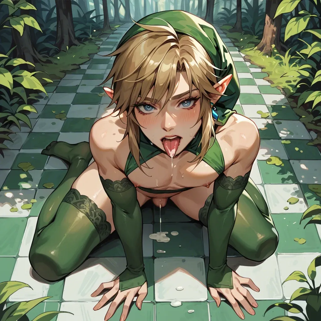 1boy 1femboy,link adorable male Girly male,licking floor, tongue floor,cummed floor,green lace-trimmed legs wear thighhighs,high-angle close-up forest,solo,