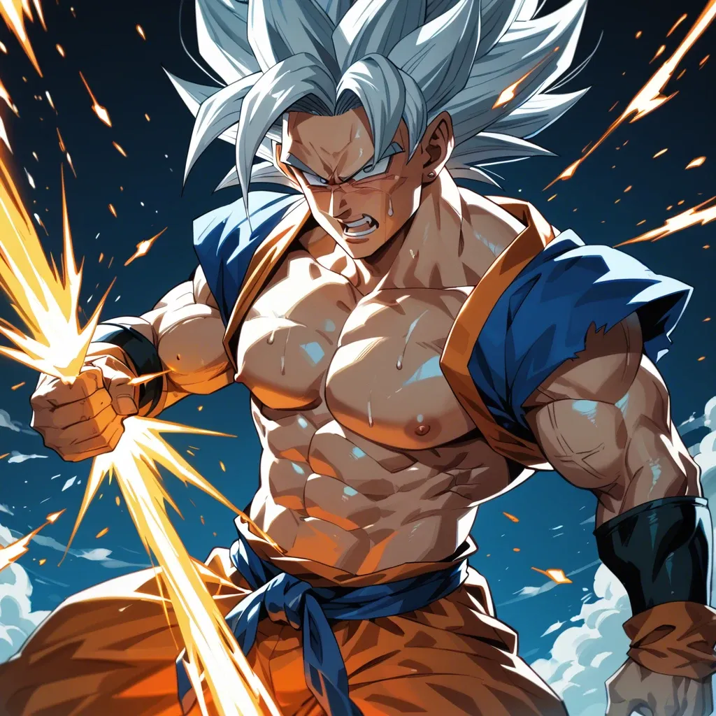 A fierce battle between Goku and Frieza on a crumbling planet, with energy blasts lighting up the dark sky. Goku's hair is golden, and his eyes burn with determination as he powers up to Super Saiyan.