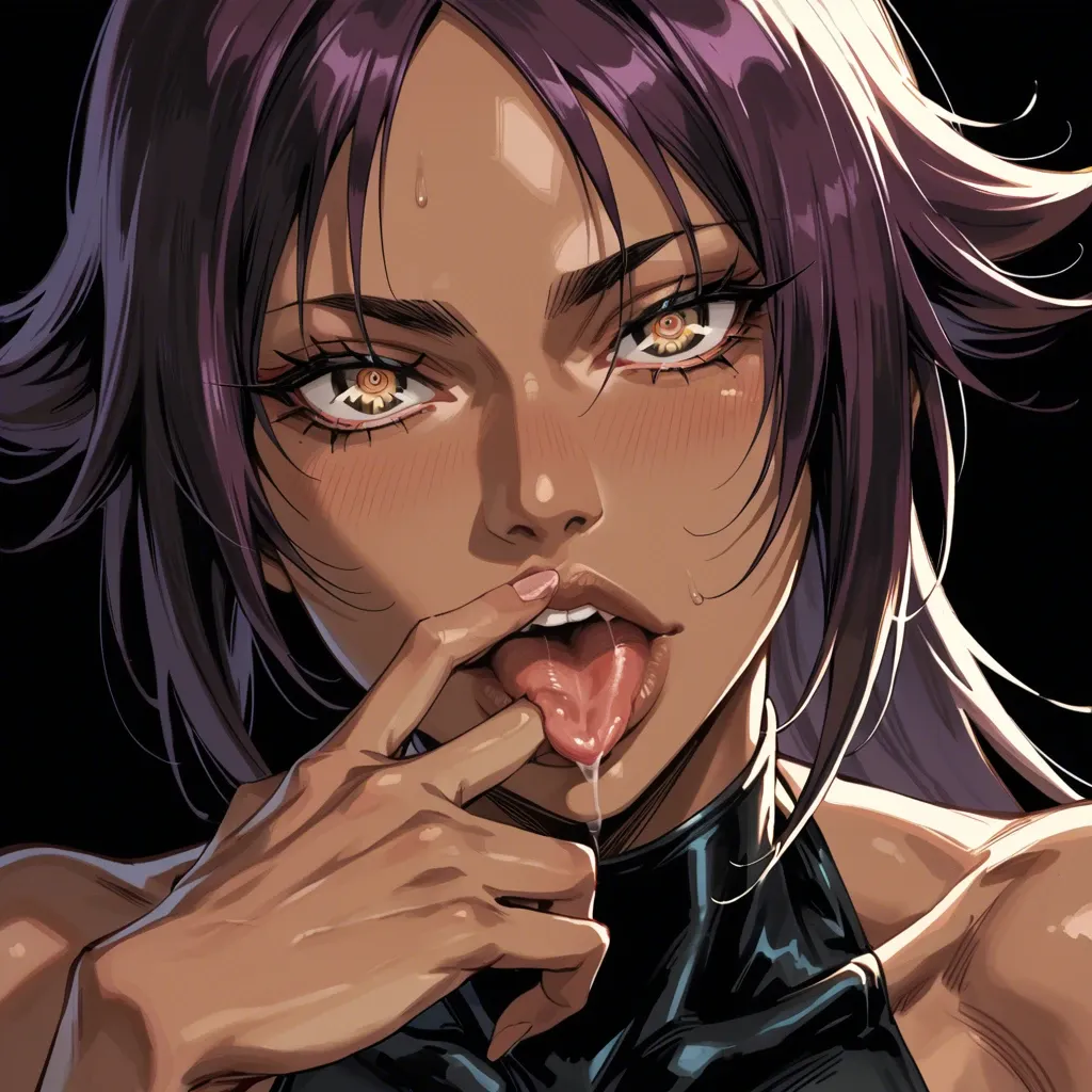 1 girl, Yoruichi (bleach), tongue out, face close up, puckering lips, puckering motion, seductive face, brilliant eyes, tight clothes, detailed face, black background, do not show hands, High definition