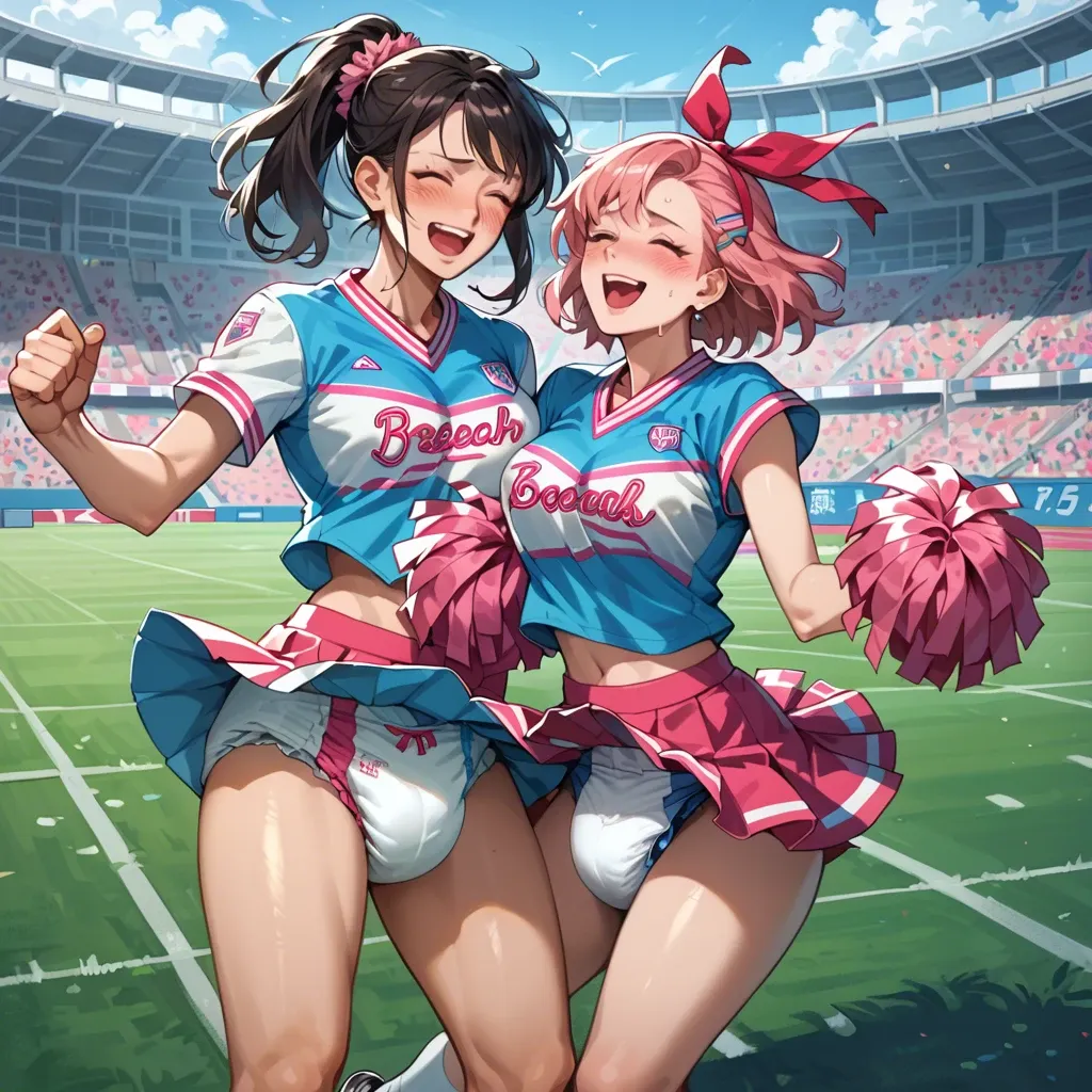 2girls, cute, anime,  futanari, pastel pink and blue, cheerleader, football field, thick diaper under skirt, laughing, skirt lift