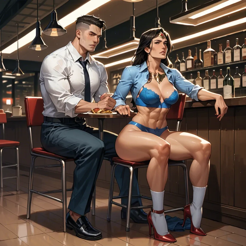 1girl,1boy, , , , jaw,warm lighting,swollen nipple,wide hips,pale white skin, shirt,white socks,jewelry,blue bra,heels, restaurant, street fighter, cyberpunk, collared shirt, girl lara croft, wonder woman, rapunzel waifu