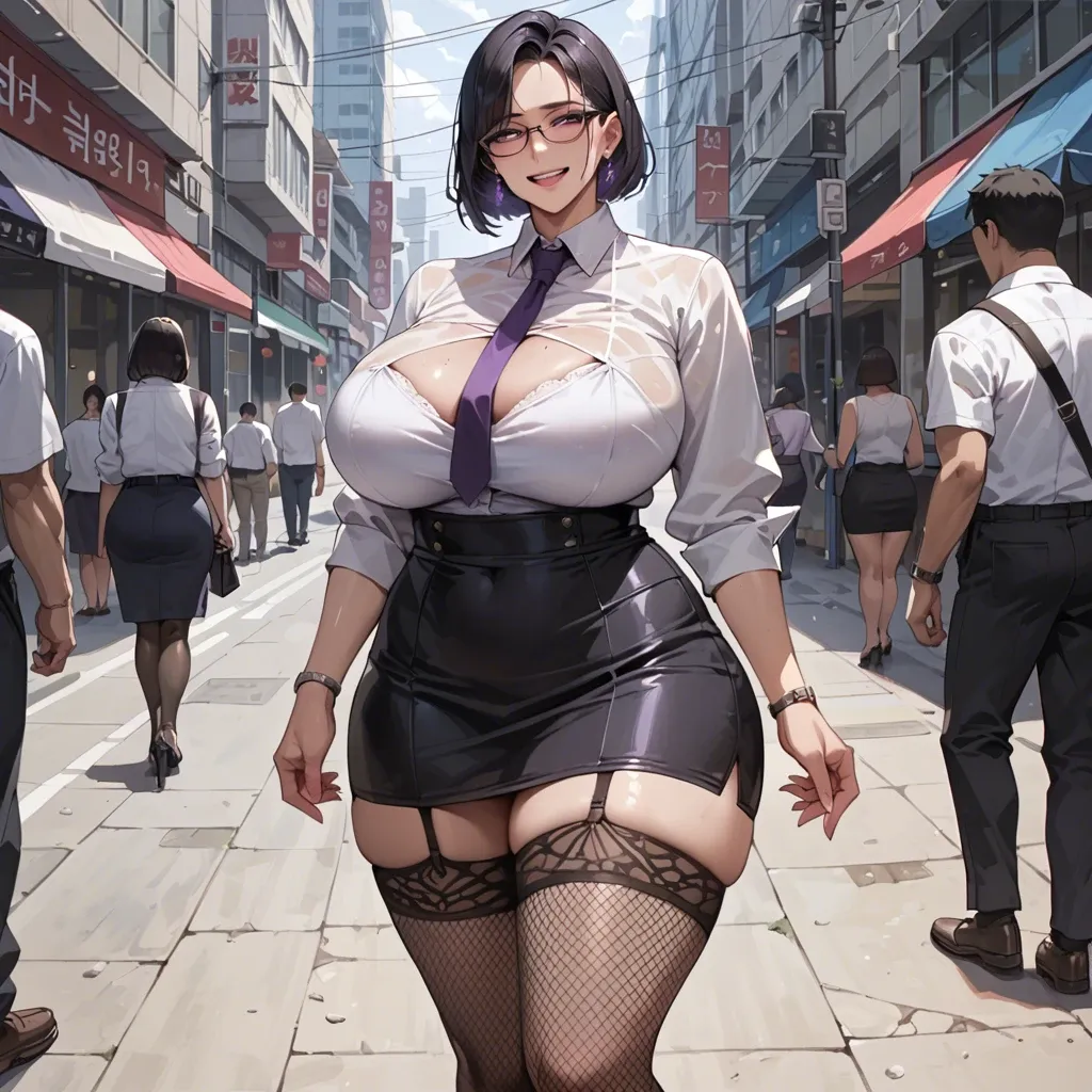 Korean milf, black hair, bob cut, purple eyes, wearing glasses, purple earrings, massive breasts, massive hips, large hips, white shirt, black skirt, black garter belt, fishnet stockings,  smiling, standing,