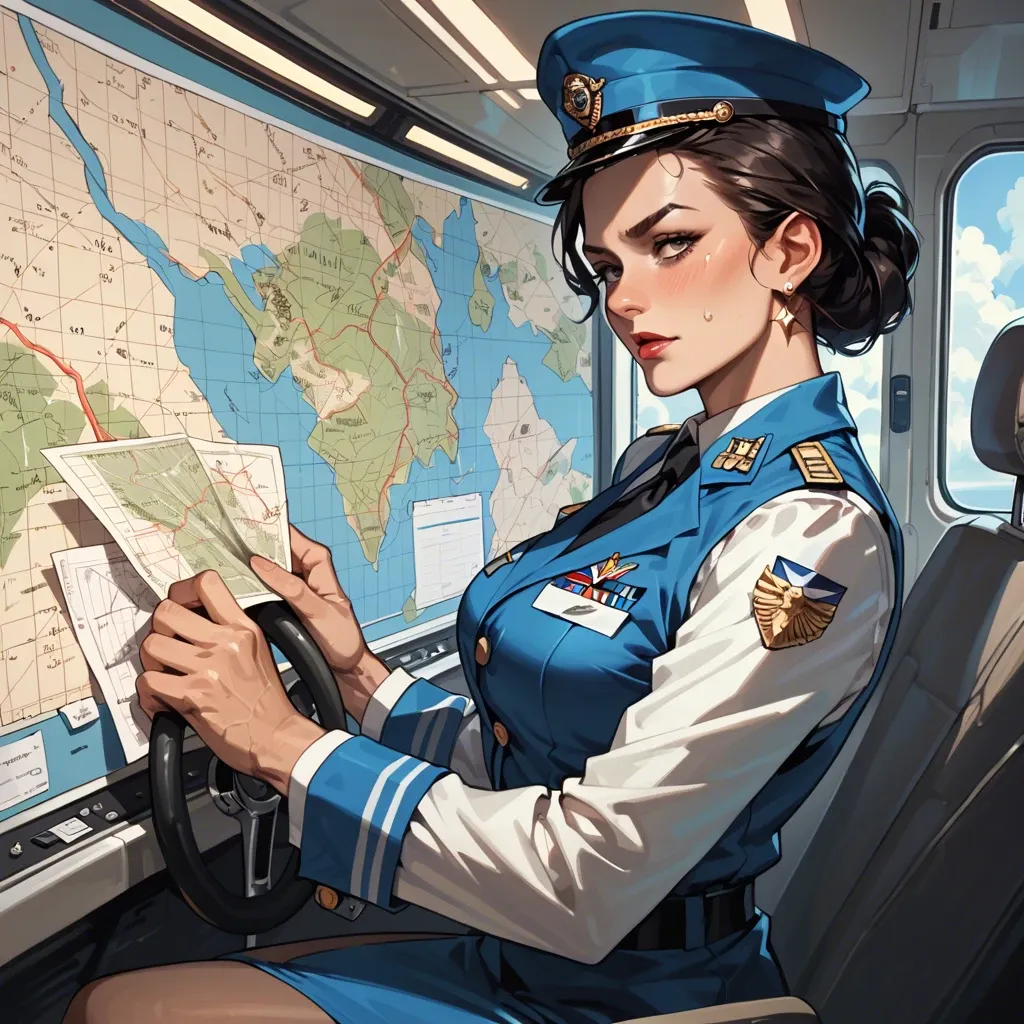 A sophisticated stewardess with a map and flight plan discusses the journey with the pilot. Her uniform is elegant, and her knowledge of the route is extensive.