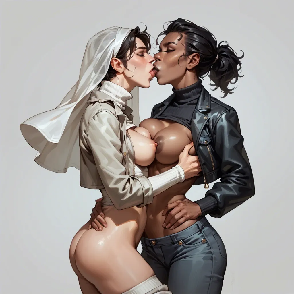 2girl, , , , nose,one-handed,perky breast,bent at waist,turtleneck, high cheekbones,hands on waist,nipple sucking,void background,dark grey skin, open jacket,leg warmers,white veil,pulled bra,heels, barbara, city, spaceship, samus, ariel, sailor moon