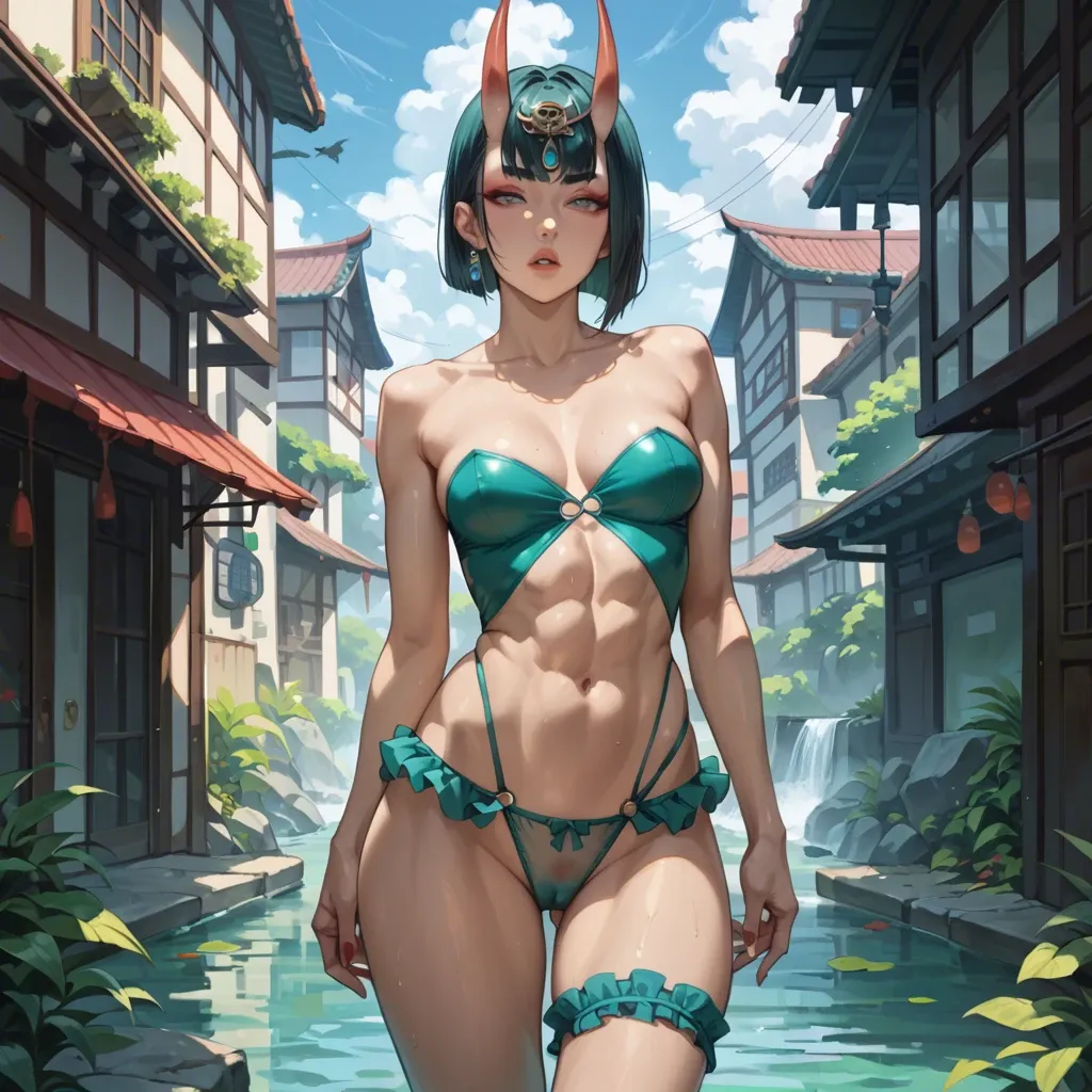 Shuten-Douji, strapless swimsuit, lowrised panties, slim body, seethrough tits, perky chest, front view, seductive face, heavy upper lips, vulgarity, big juicy ass, hip garter, abs seethrough