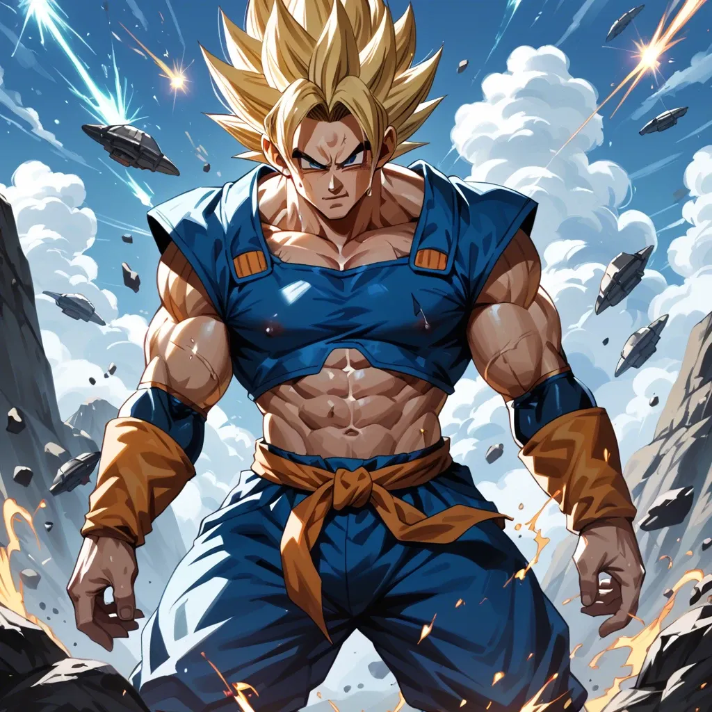 Vegeta in his Saiyan armor stands defiantly on a rocky outcrop, his eyes filled with pride and rage. Behind him, a comet streaks across the sky, casting an ominous glow over the battlefield.