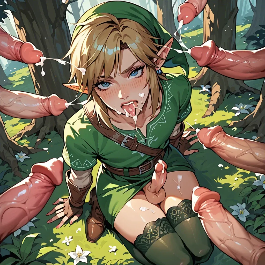 1boy 1femboy,link adorable male Girly male,green lace-trimmed legs wear thighhighs,animal penises,bukakke, high-angle close-up forest,face Cum,Biting penis