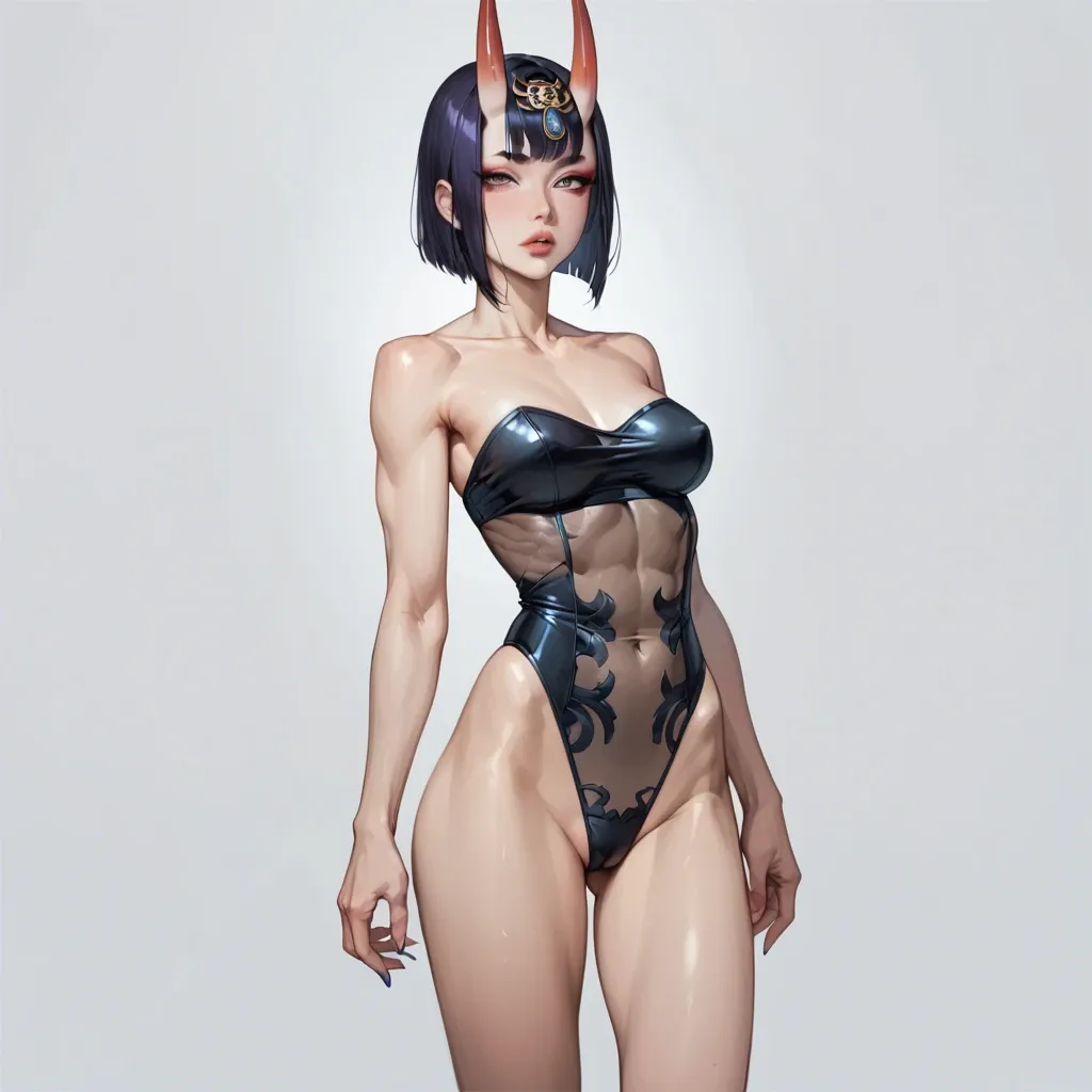 Shuten-Douji, strapless swimsuit, lowrised panties, slim body, seethrough tits, perky chest, front view, seductive face, heavy upper lips, vulgarity, big juicy ass, abs seethrough