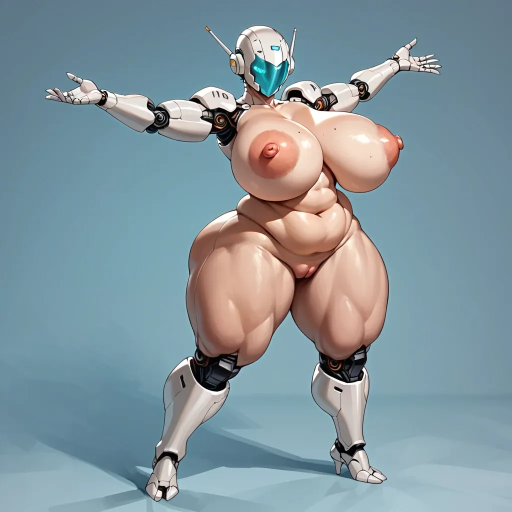 full body, t-pose , nude , sexy plump belly, tall girl , gigantic tits, massive ass, thick thighs, robo girl , sexy ,thick