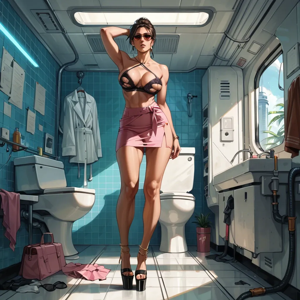 2girl, , , , large boob slip,knees,round tits,waist grab,on elbows, pink skirt,anklets,sunglasses,open torn bra,platform heels, bathroom stall, spaceship, bedroom, digital art, backlit, lara croft, anna hair, dynamic pov