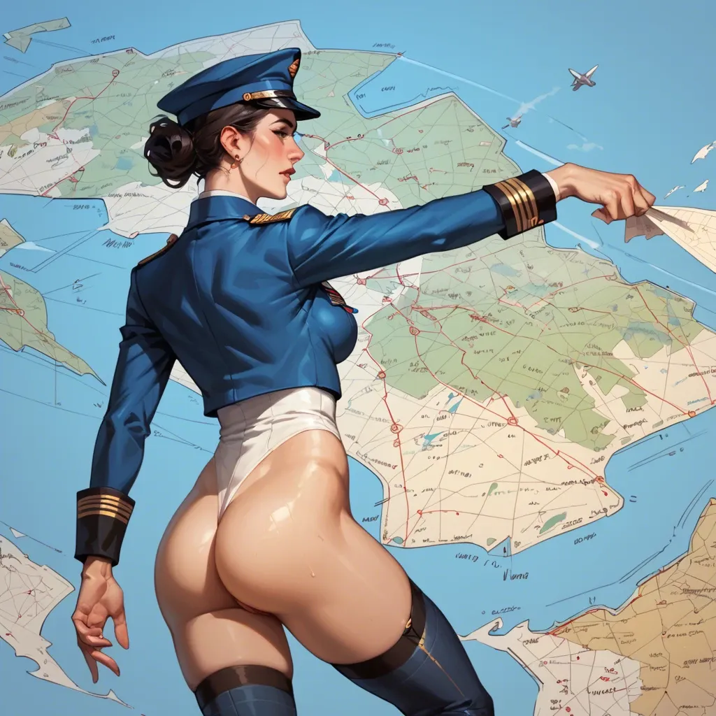 A sophisticated stewardess with a map and flight plan discusses the journey with the pilot. Her uniform is elegant, and her knowledge of the route is extensive.