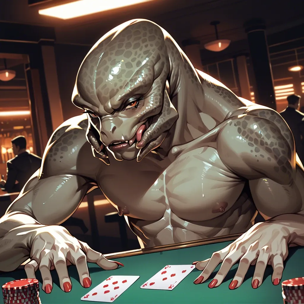 Faye Valentine smug, playing strip poker with a shirtless masked sangheili, both fully visible, glass  table