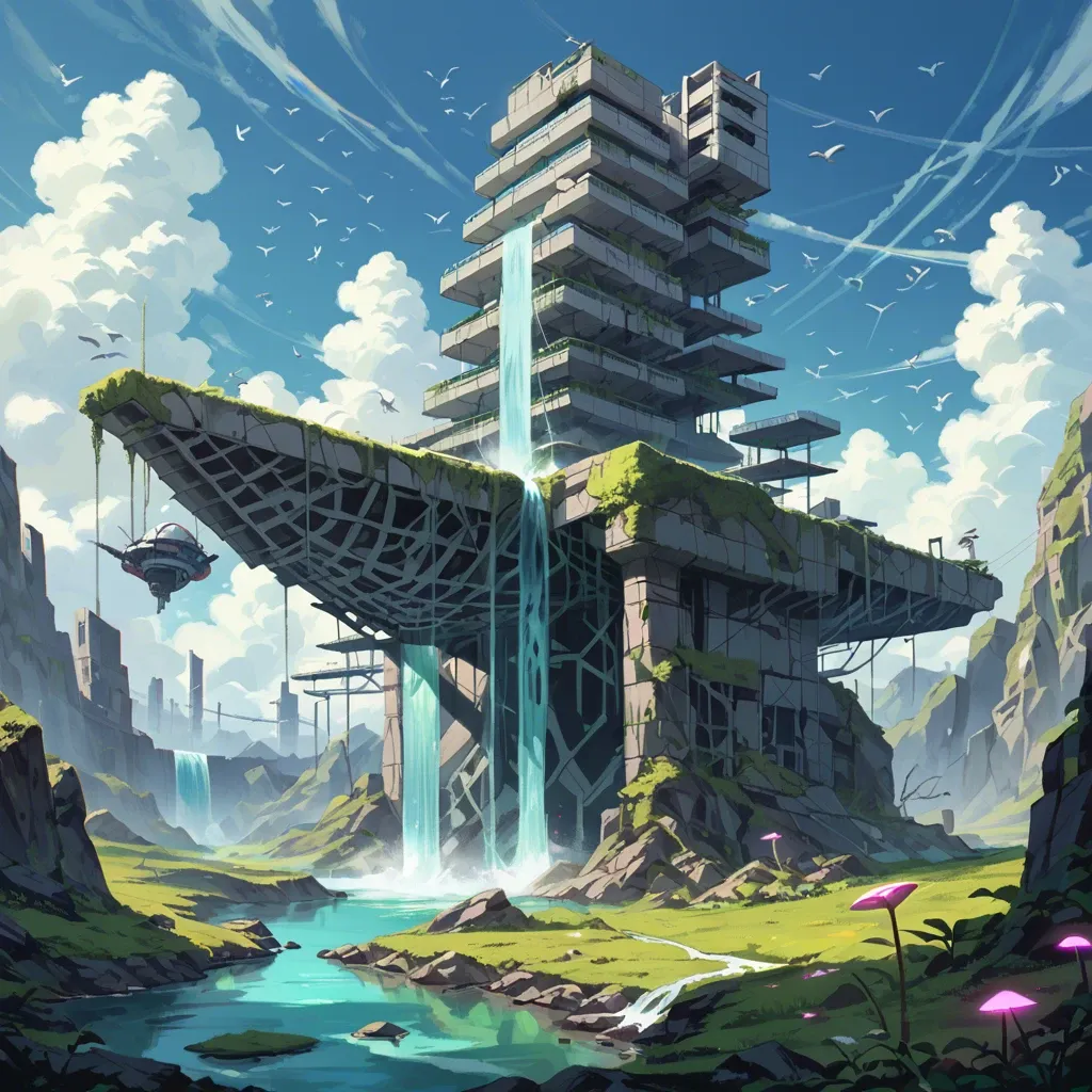 A surreal landscape with a giant clockwork dragonfly over glowing mushrooms, origami birds in the sky, a serene lake, futuristic city ruins, a rainbow waterfall, and a lone astronaut watching floating musical notes.