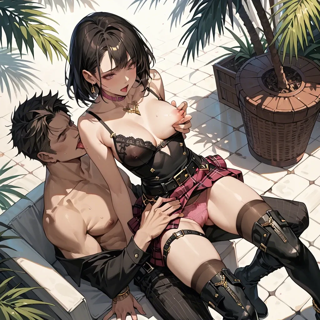 1girl,1boy, , , , touching,palm tree,licking nipple,shot from above,shoulders, plaid skirt,gold anklets,black belt,lingerie,knee boots, black dress,tights,pink choker,panties on,thigh boots, costume,leggings,white veil,lace lingerie,sandals, hotel exterior, male restrained, medieval tavern, princess zelda, elsa