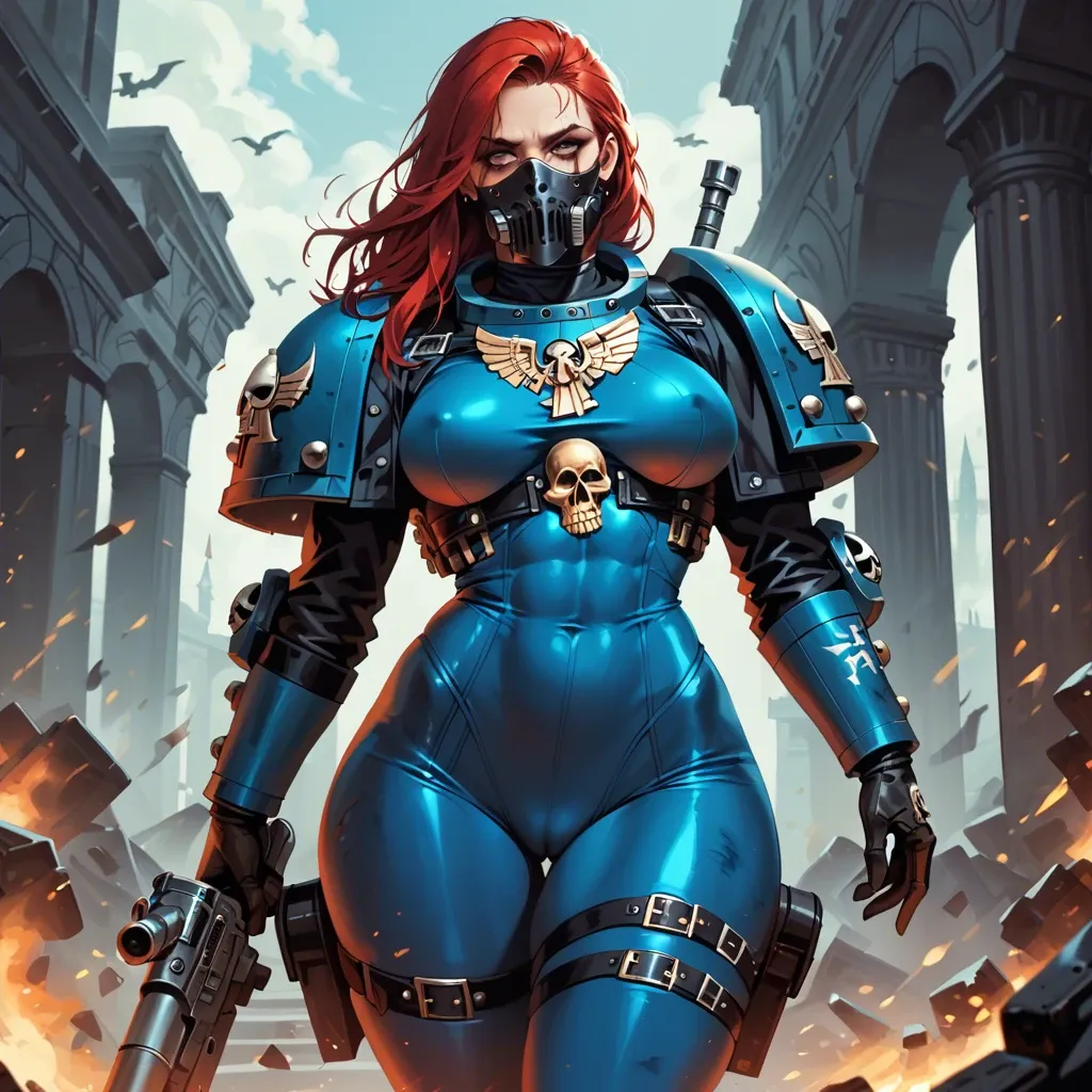 Girl, fit body, big hips, tight suit, mask, Warhammer 40k, better details, better quality, high-quality details, high quality, 4k, more resolution