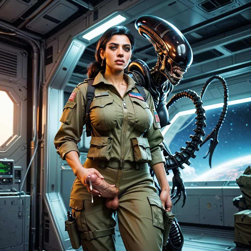 military pilot,muslim, gorgeous futanari bimbo, army green flightsuit zipped down, exposing huge tits and huge cock, spaceship bridge, starry background, alien xenomorph looking in through window, dripping cum