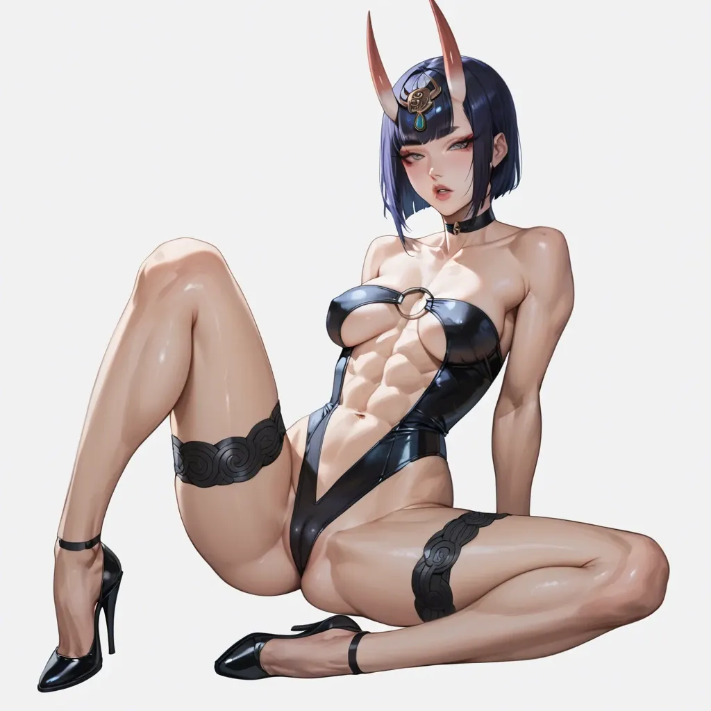 Shuten-Douji, strapless swimsuit, slim body, seethrough tits, upperboobs, perky chest, front view, seductive face, heavy upper lips, vulgarity, big juicy ass, hip garter, abs seethrough, knee up