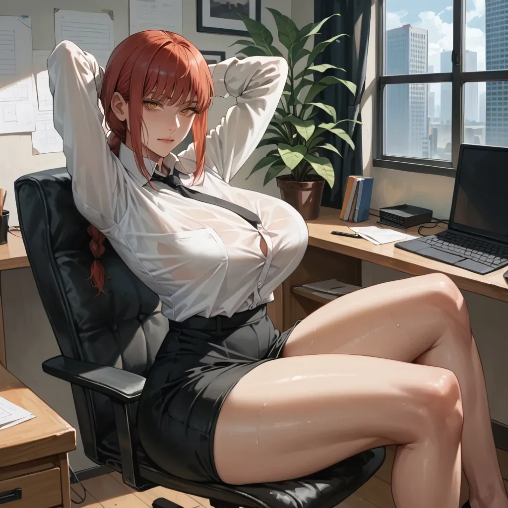 1 girl, makima (chainsaw man), seductive face, hands behind the head, detailed face, sitting in a chair, stretching, do not show hands, massive ass, massive breast, High definition, good face, office, completely dressed