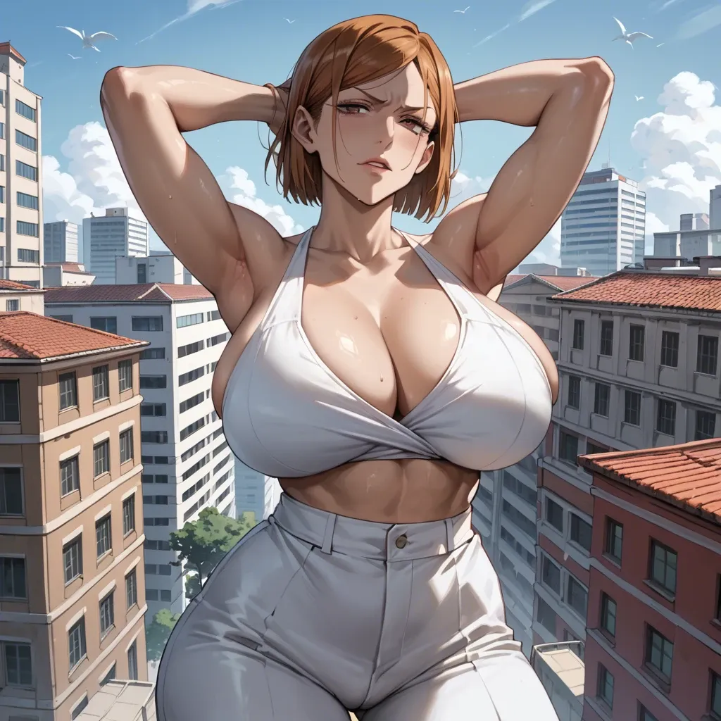 1 girl, nobara kugisaki (jujutsu kaisen), seductive face, hands behind the head, detailed face, building rooftop, do not show hands, massive ass, massive breast, High definition, good face, completely dressed