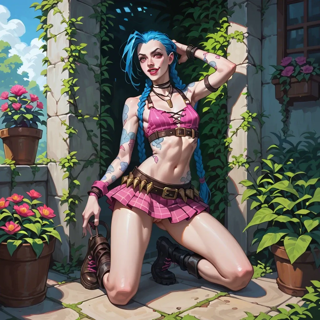 Jinx,league of legends,petite body,long blue hair,braids,outfit,full body,skirt,crop top, looking at viewer,colorful,garden