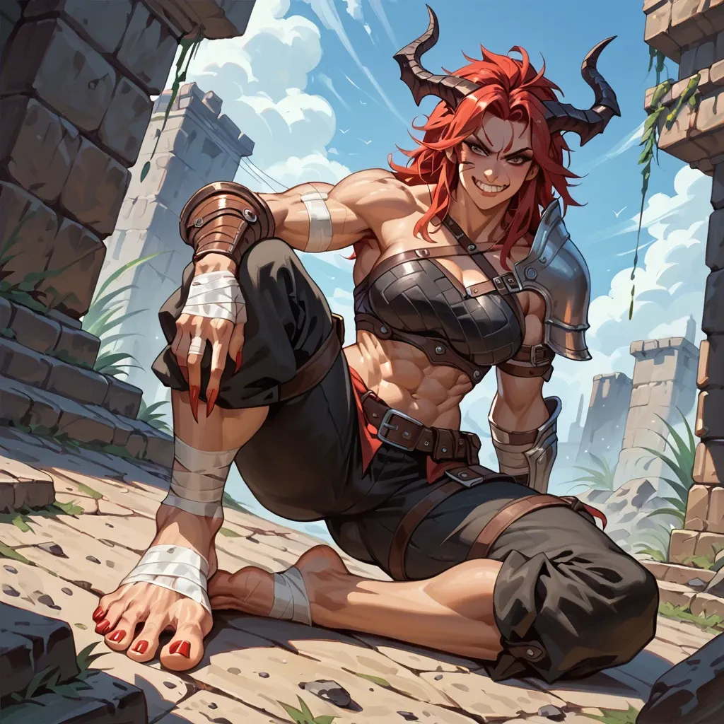 Fierce half-dragon girl,1 side shoulder armor,bandage body,smirk,sharp toe nails,long toe nails,clawed feet,muscular woman,warrior,wild red hair,angry,but cute,