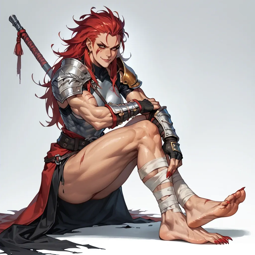 Fierce half-dragon girl,1 side shoulder armor,bandage body,smirk,sharp toe nails,long toe nails,clawed feet,muscular woman,warrior,wild red hair,angry,