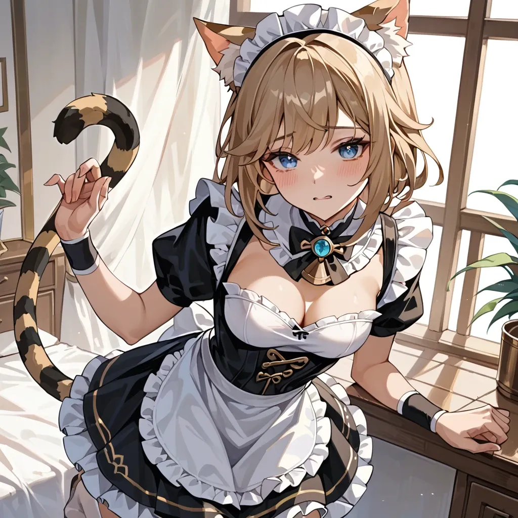 cute anime teen girl The Egyptian Mau catgirl , light brown hair and striped tail, blue eyes, A maid's costume,  Genshin impact