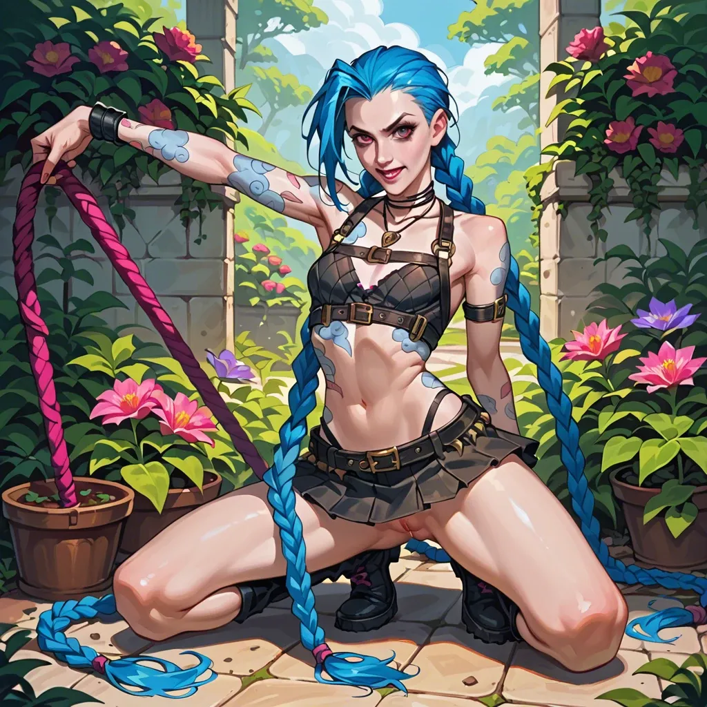 Jinx,league of legends,petite body,long blue hair,braids,outfit,full body,skirt,crop top, looking at viewer,colorful,garden