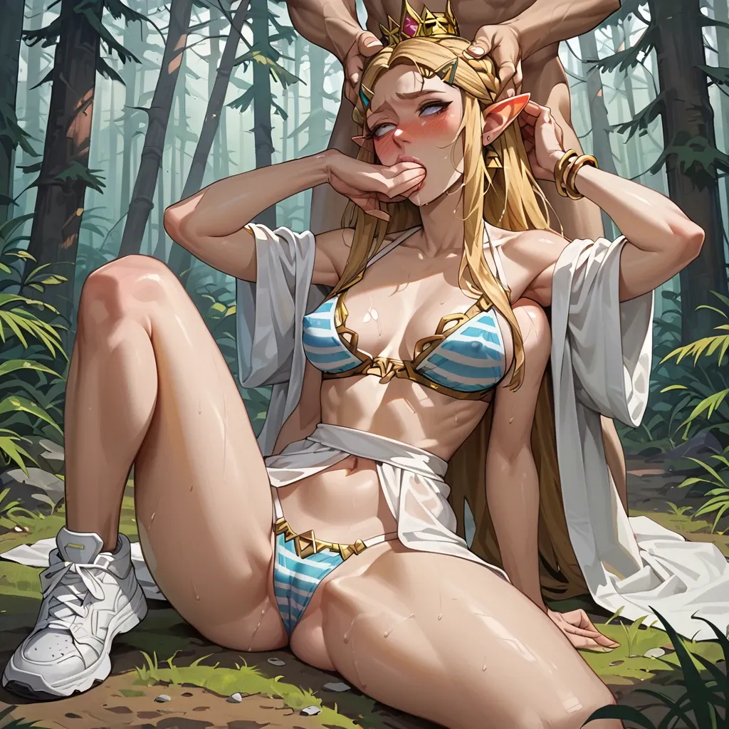 2girl, , , , nose blush,extra arms,perfect nipples,narrow waist,deepthroat sex, robe,striped bikini,gold crown,white lingerie,white sneakers, pine forest, cyberpunk, princess zelda