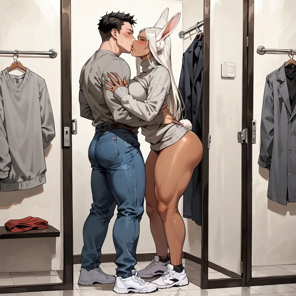 rumi usagiyama, curvy body, large ass, large breasts, grey sweater, jeans, white sneakers, fitting room, kiss, man